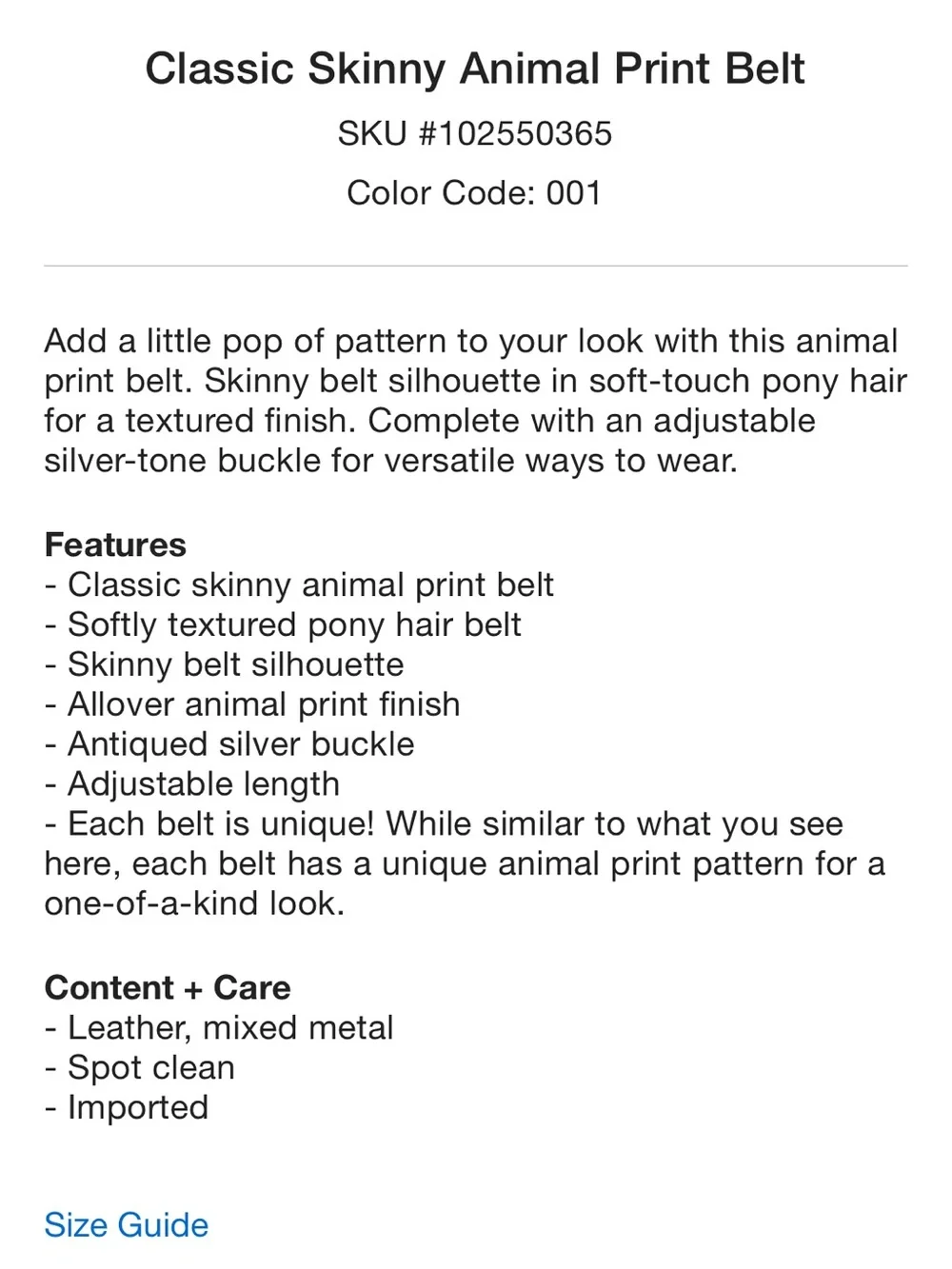 NWT Urban Outfitters Classic Skinny Animal Print Belt